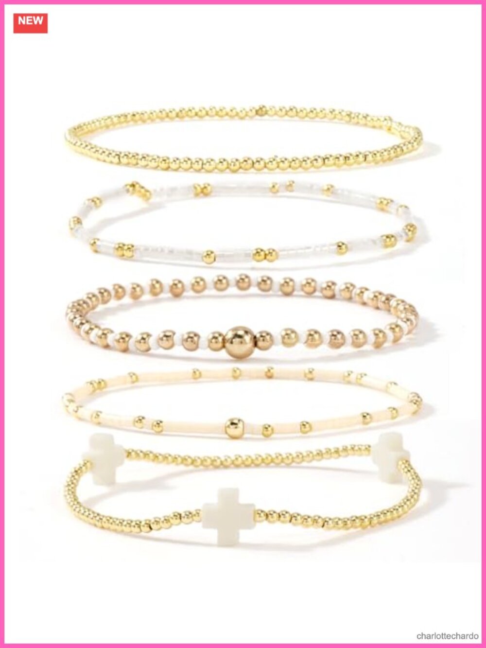 Gold Plated Beaded Bracelet Stack Cross Charm Stretch Bracelet Boho Christian